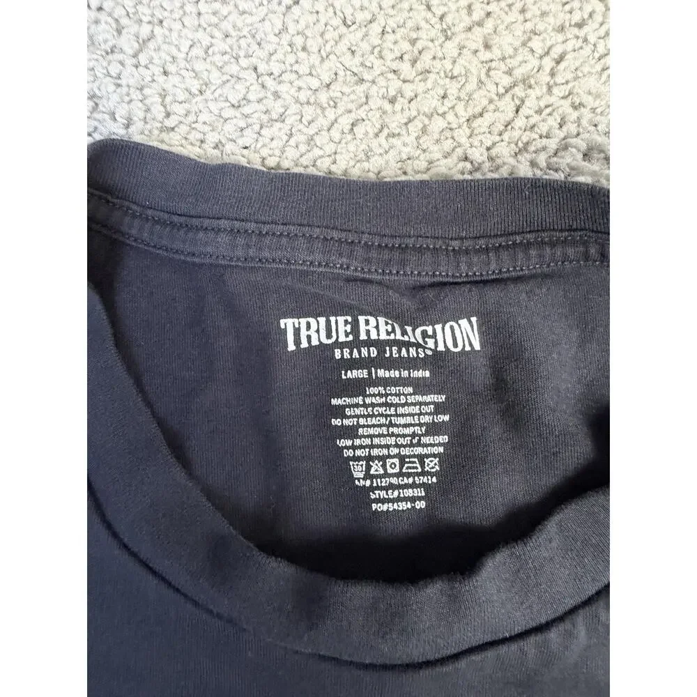 True Religion Shirt Mens L Black Brand Jeans Graphic Crew Neck Tagless Cotton